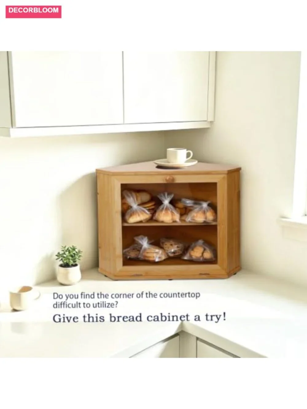 2-Tier Corner Bread Box Natural Bamboo Kitchen Countertop Storage